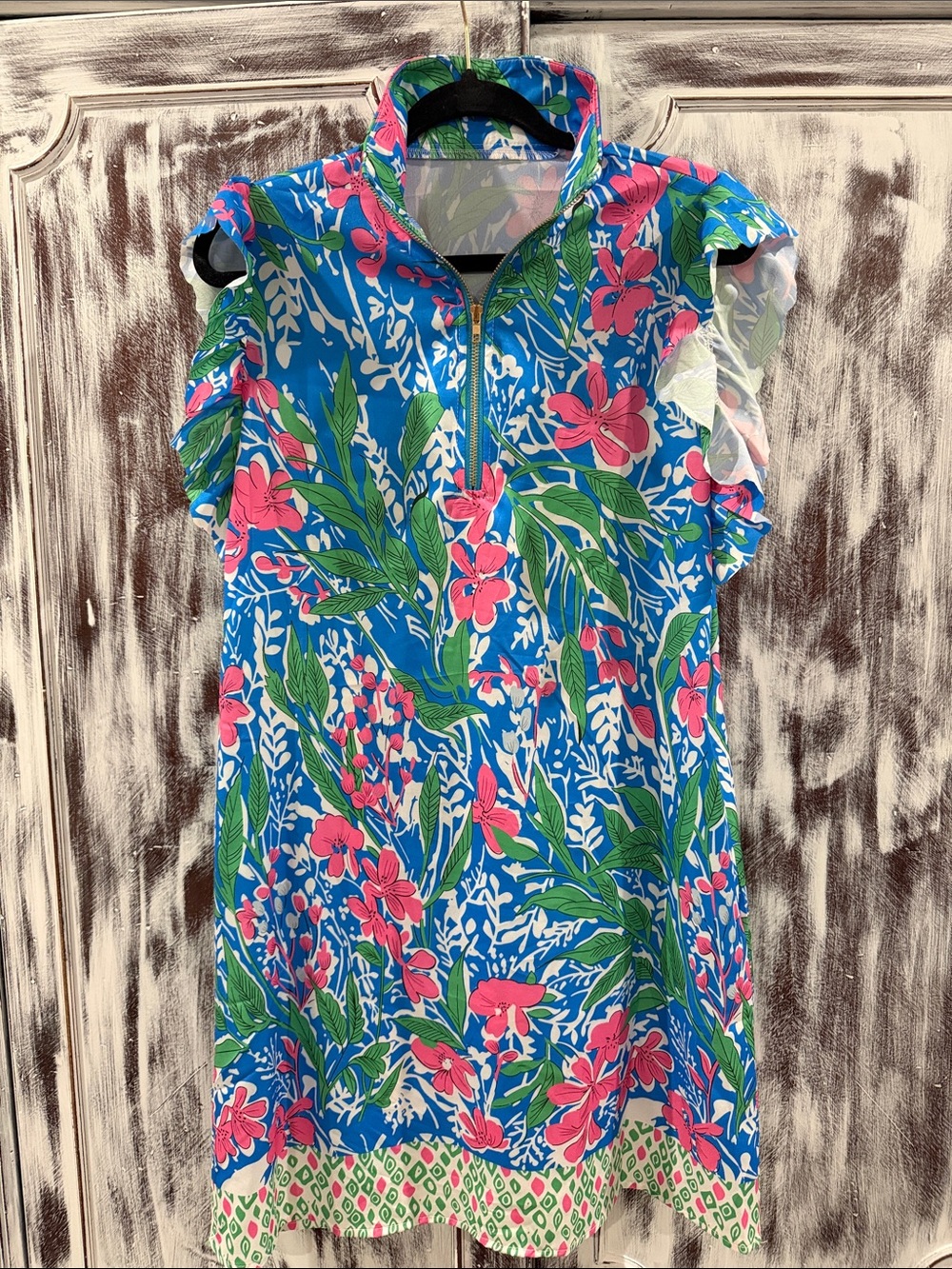 SHEIN Blue Floral Print Zip-Front Dress with Pink & Green Accents